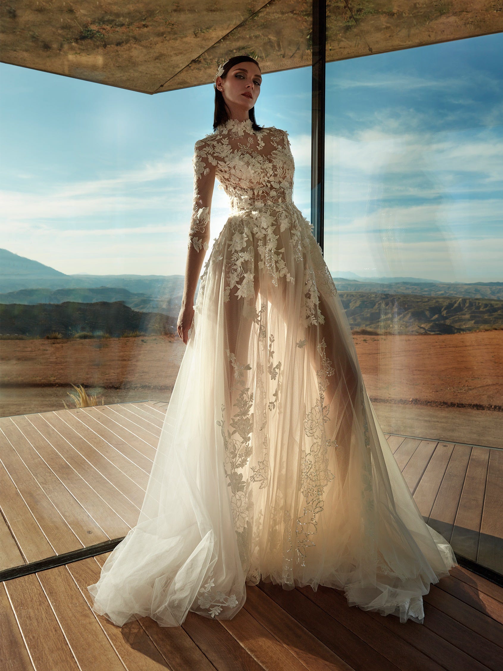 Silk Satin Organza - A-Line Long Sleeve Wedding Dress See-Through