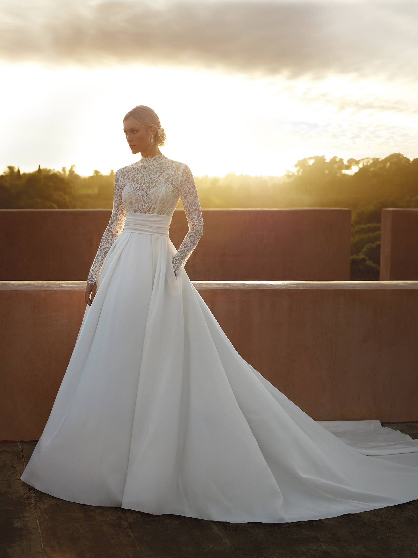 Cap Sleeve High Neckline Ballgown Wedding Dress With Lace Bodice And Full  Skirt