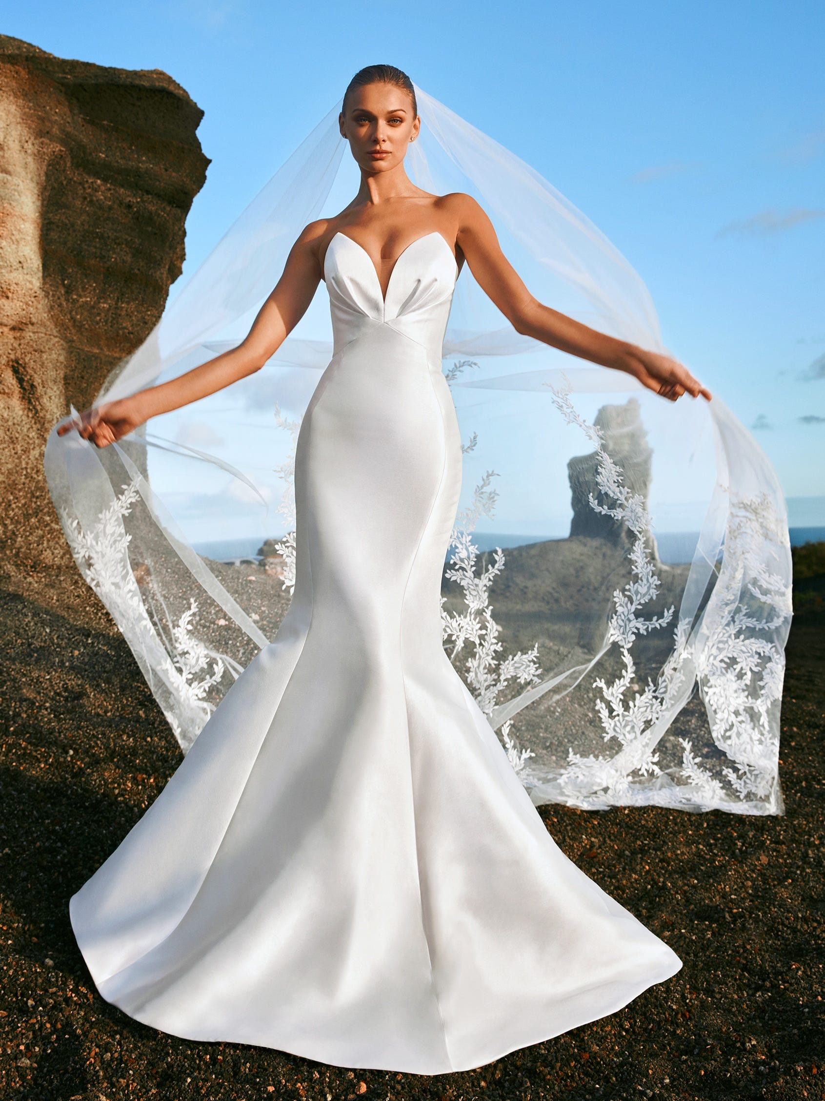 ENIO Wedding Dress by Pronovias Mermaid Mikado wedding dress with Bardot  neckline and low corset back (Available Online Only)
