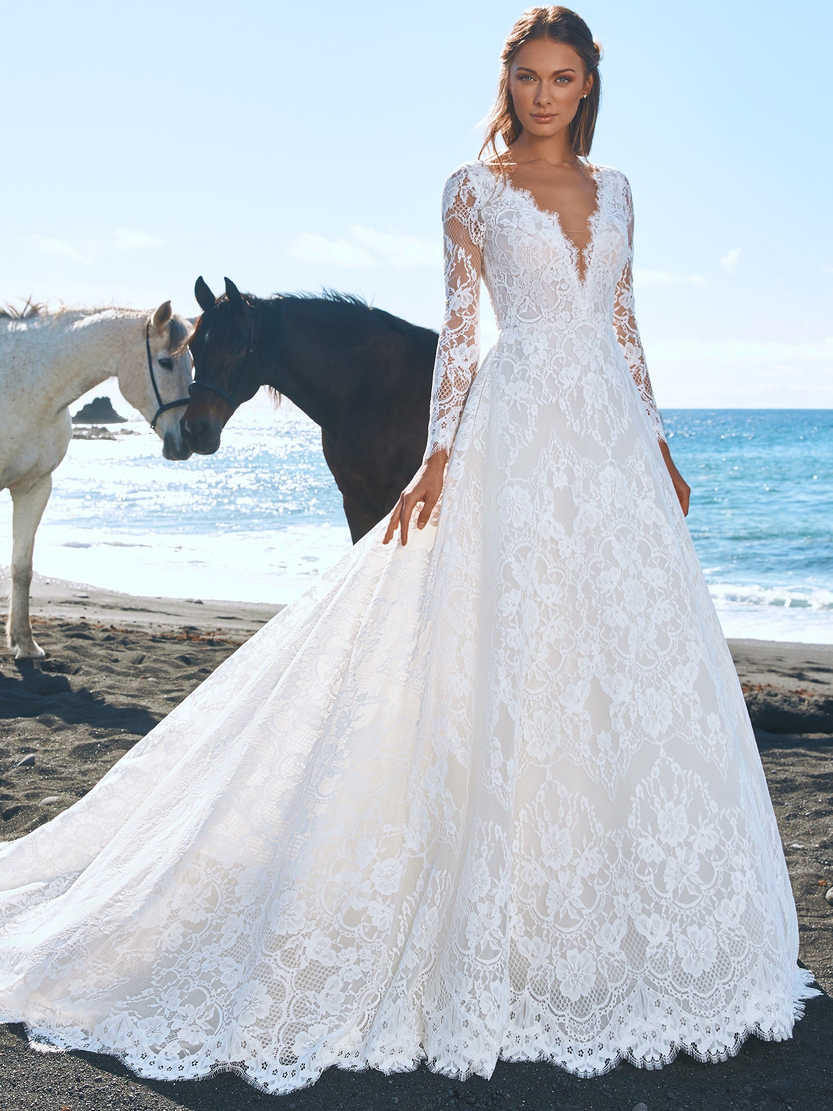Plus Size V-neck Wedding Dresses Long Sleeve A-line Lace Chiffon Beach Gown