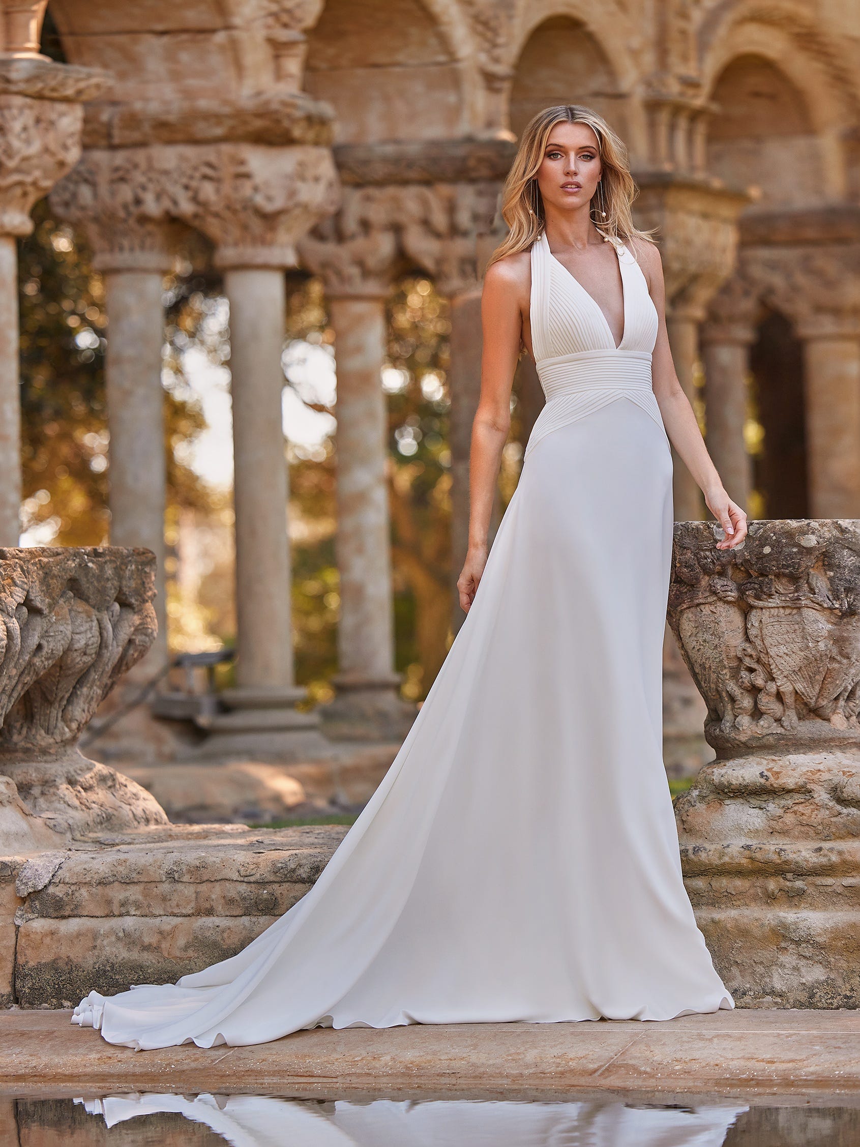 Simple Crepe Wedding Gown with V-Neckline