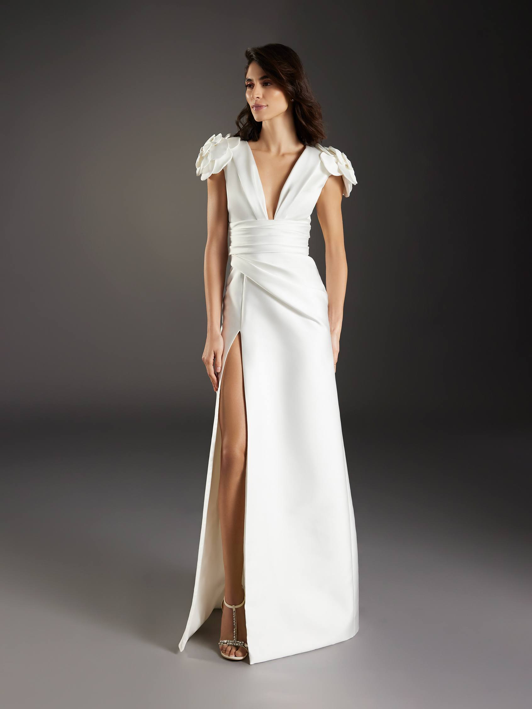 Womens Draped Chiffon Grecian Column Gown With Convertible Straps White