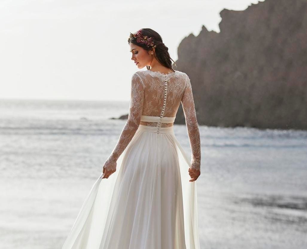 Two Pieces Wedding Dress Removable Skirt , Beach Bride Dress