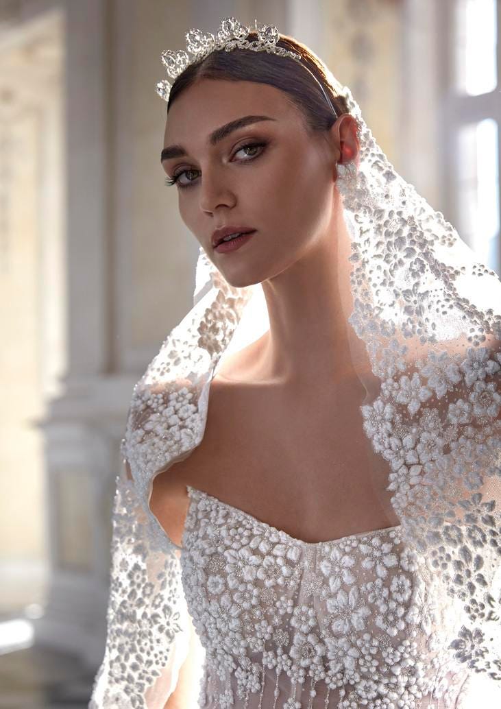 Woman in intricate, lace-detailed veil complete with floral motifs and a jeweled crown